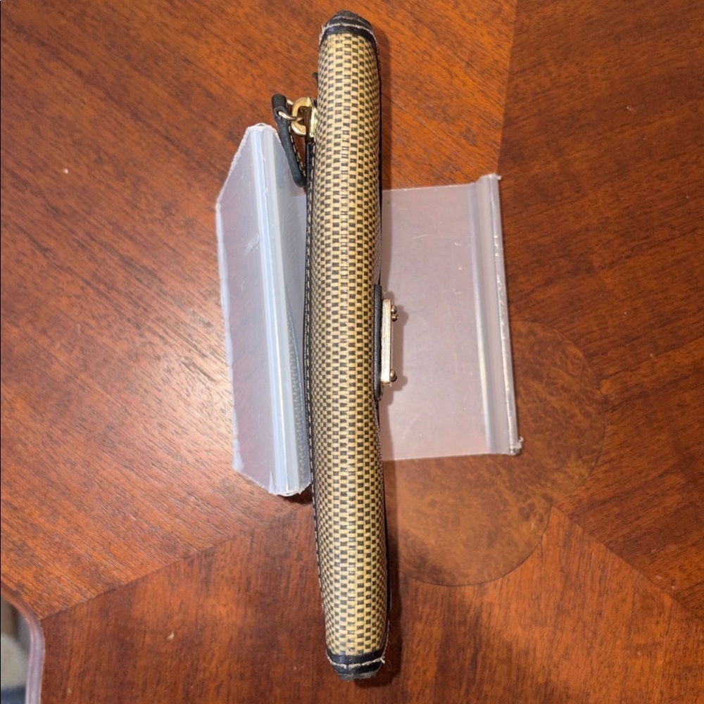 Dooney Bourke long wallet coated canvas woven straw yellow tan/green tint /navy - Picture 2 of 16